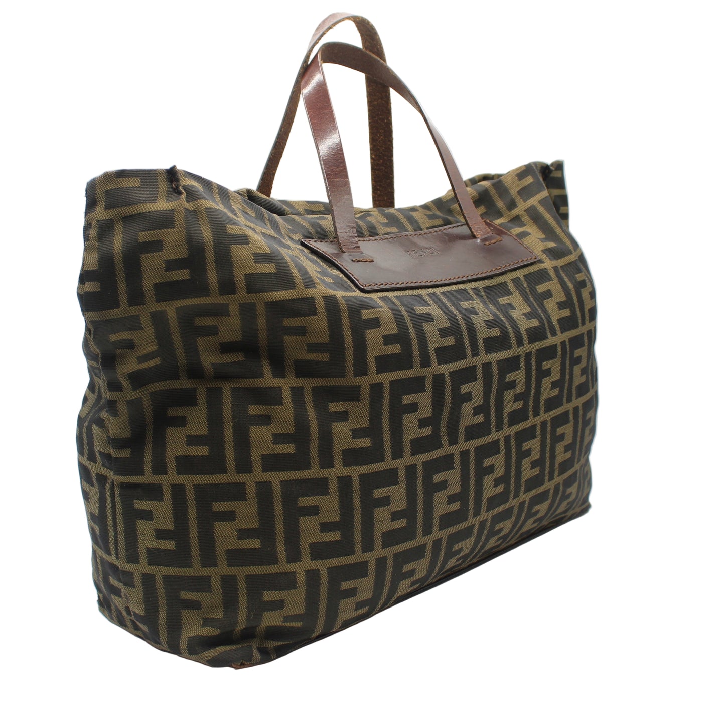 Designer handbag with a prominent logo on a white background