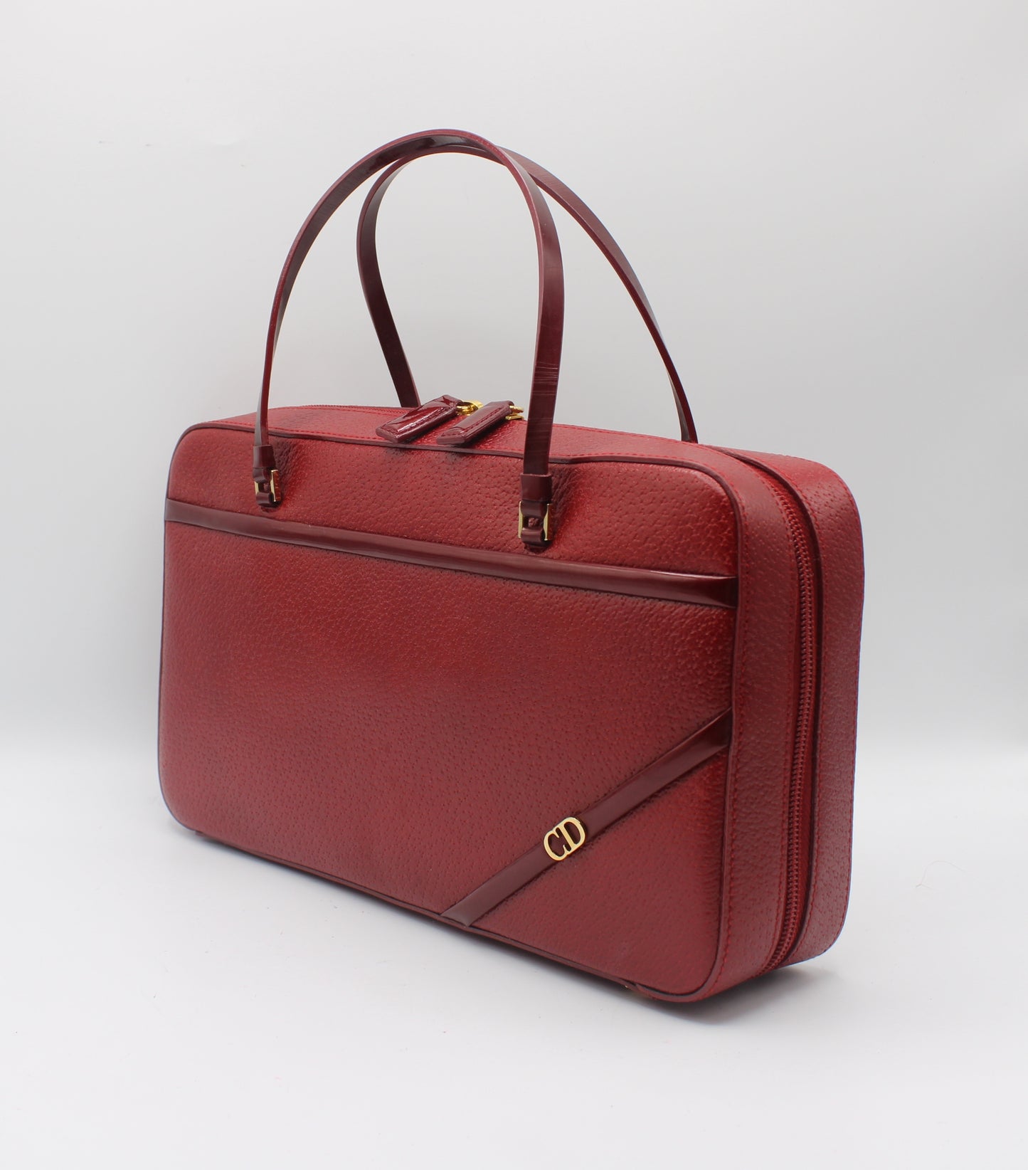 Christian Dior Red Leather Structured Hand Bag Gold Logo