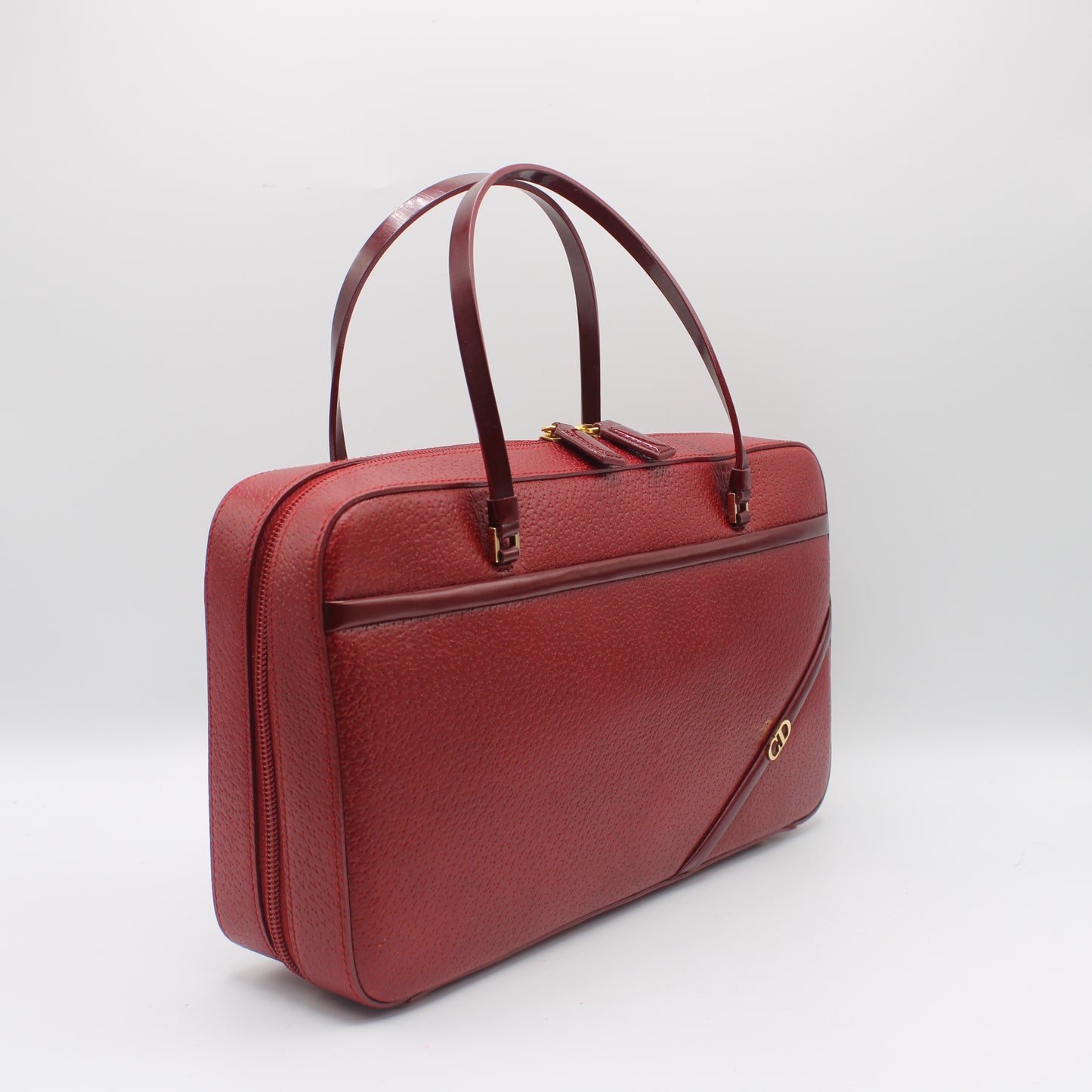 Christian Dior Red Leather Structured Hand Bag Gold Logo