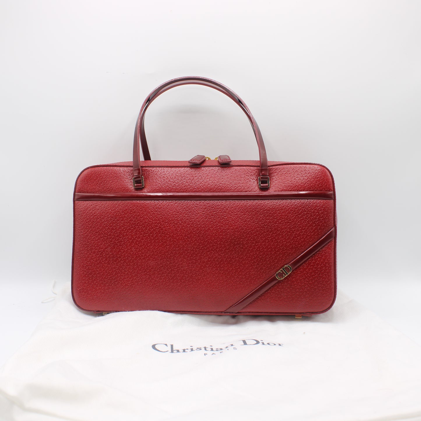 Christian Dior Red Leather Structured Hand Bag Gold Logo