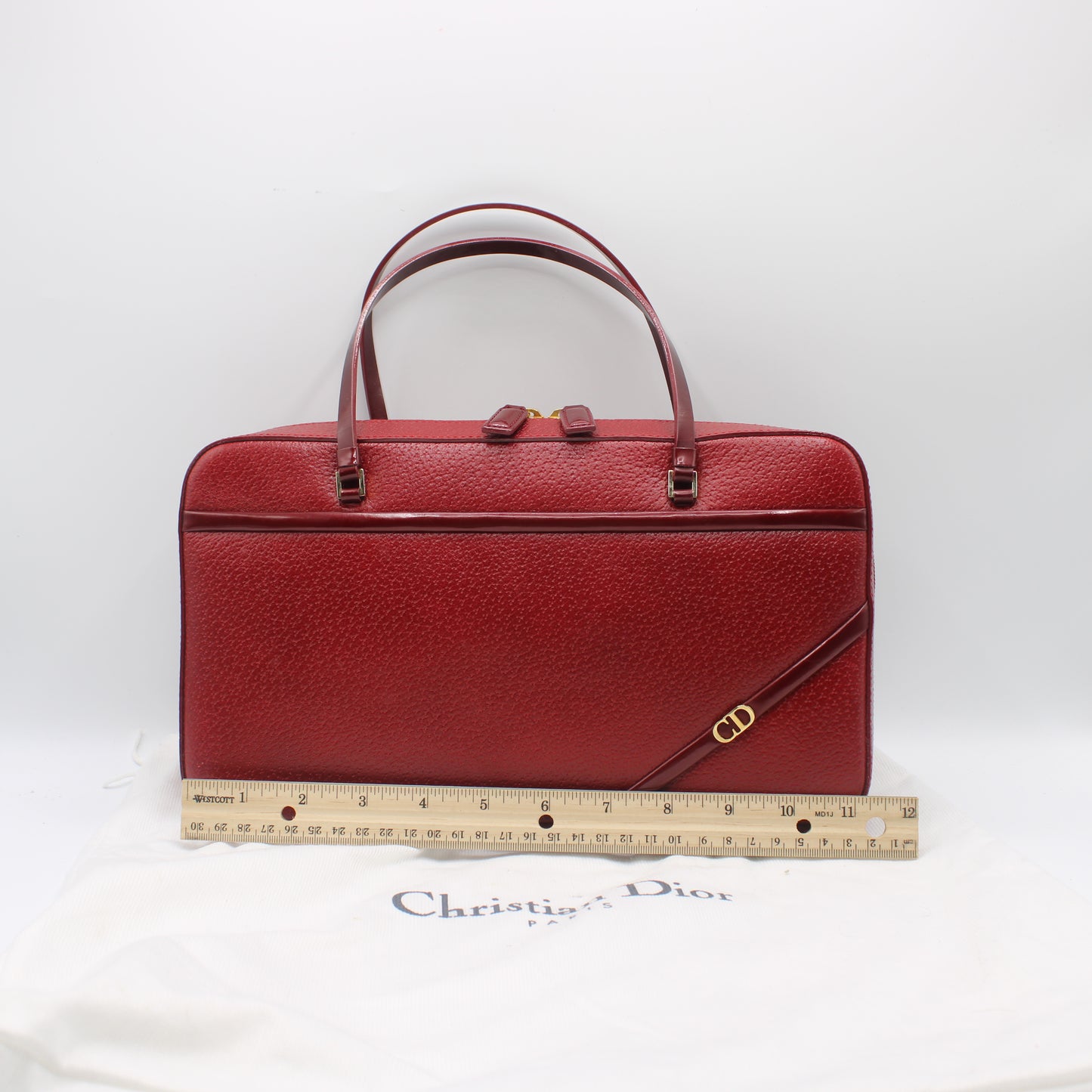 Christian Dior Red Leather Structured Hand Bag Gold Logo