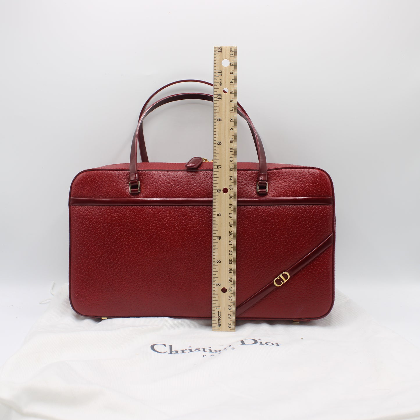 Christian Dior Red Leather Structured Hand Bag Gold Logo