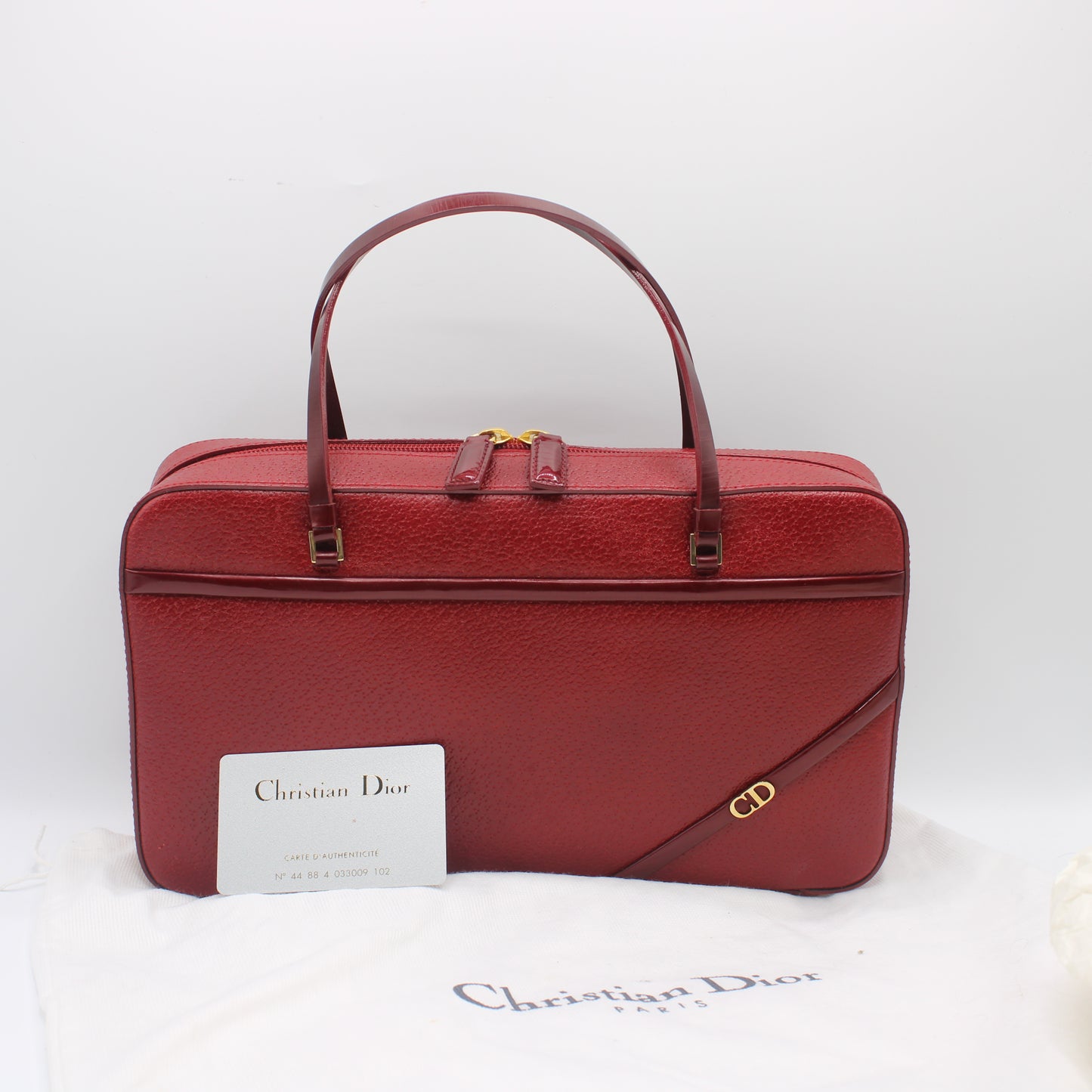 Christian Dior Red Leather Structured Hand Bag Gold Logo