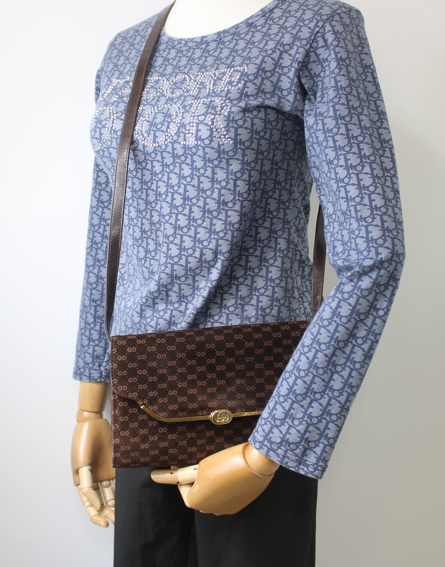 Gucci Brown Suede Micro GG Monogram Leather Flap Crossbody Bag