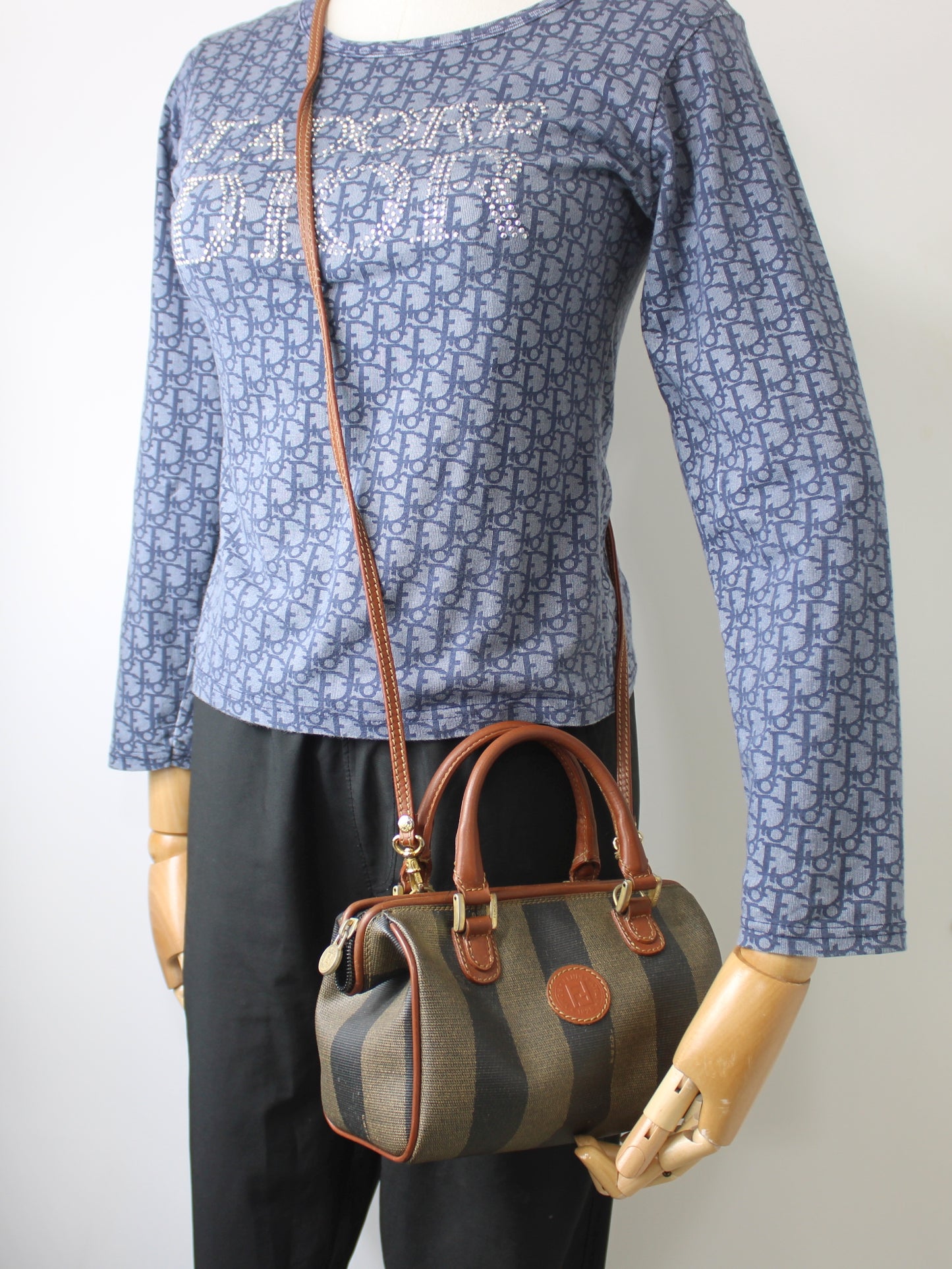 Fendi Brown Canvas Pequin Stripe Leather Mini Boston Crossbody Bag