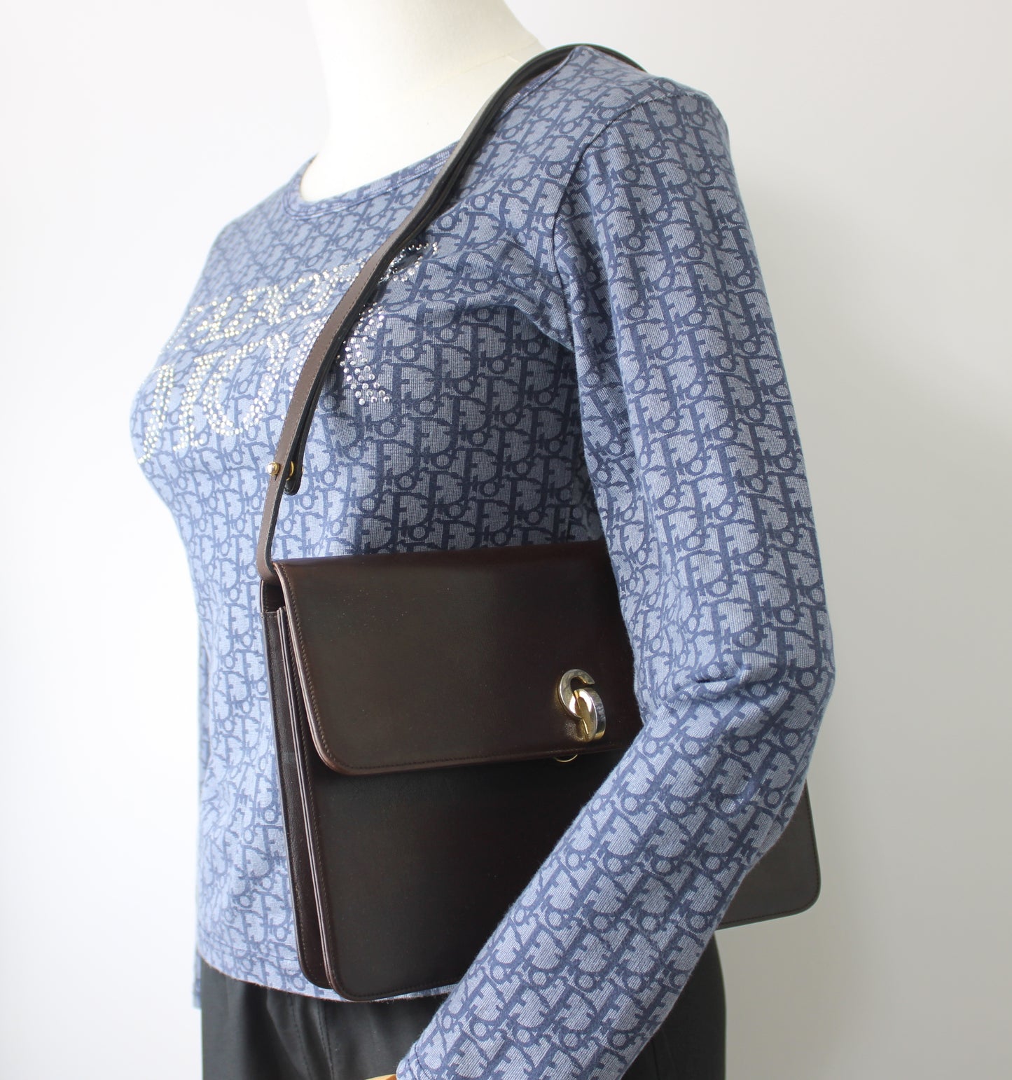 Christian Dior Brown Leather Flap Shoulder Bag With Gold Clasp Closure
