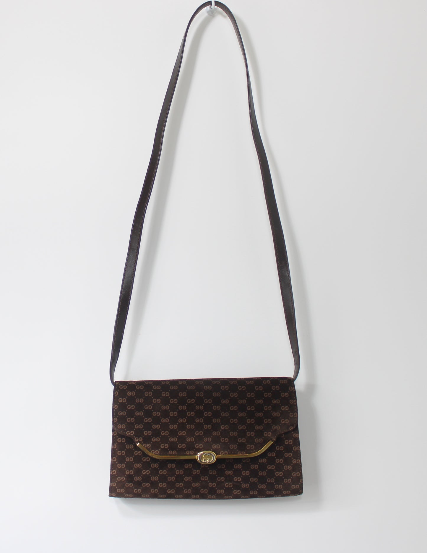 Gucci Brown Suede Micro GG Monogram Leather Flap Crossbody Bag
