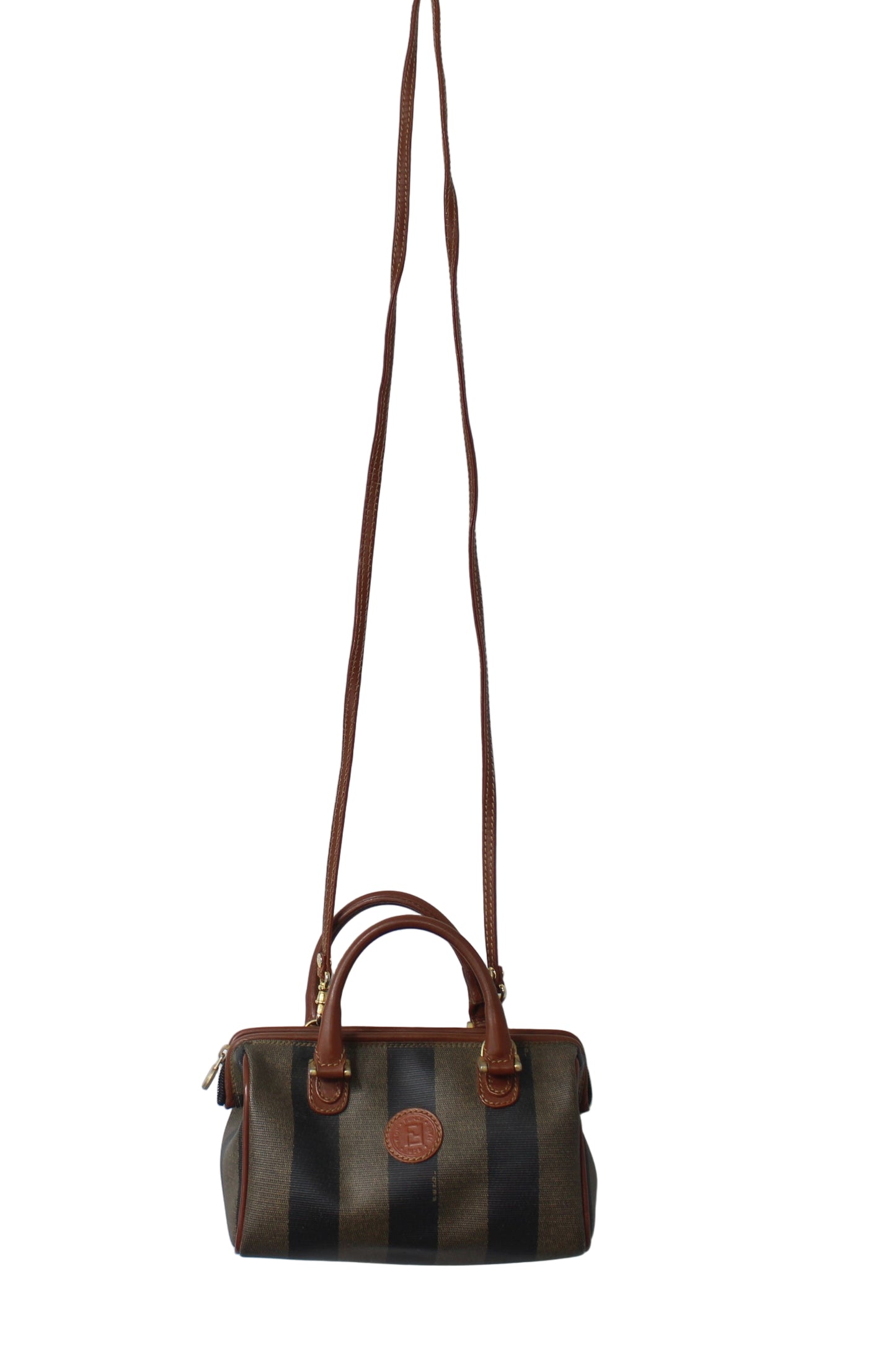 Fendi Brown Canvas Pequin Stripe Leather Mini Boston Crossbody Bag