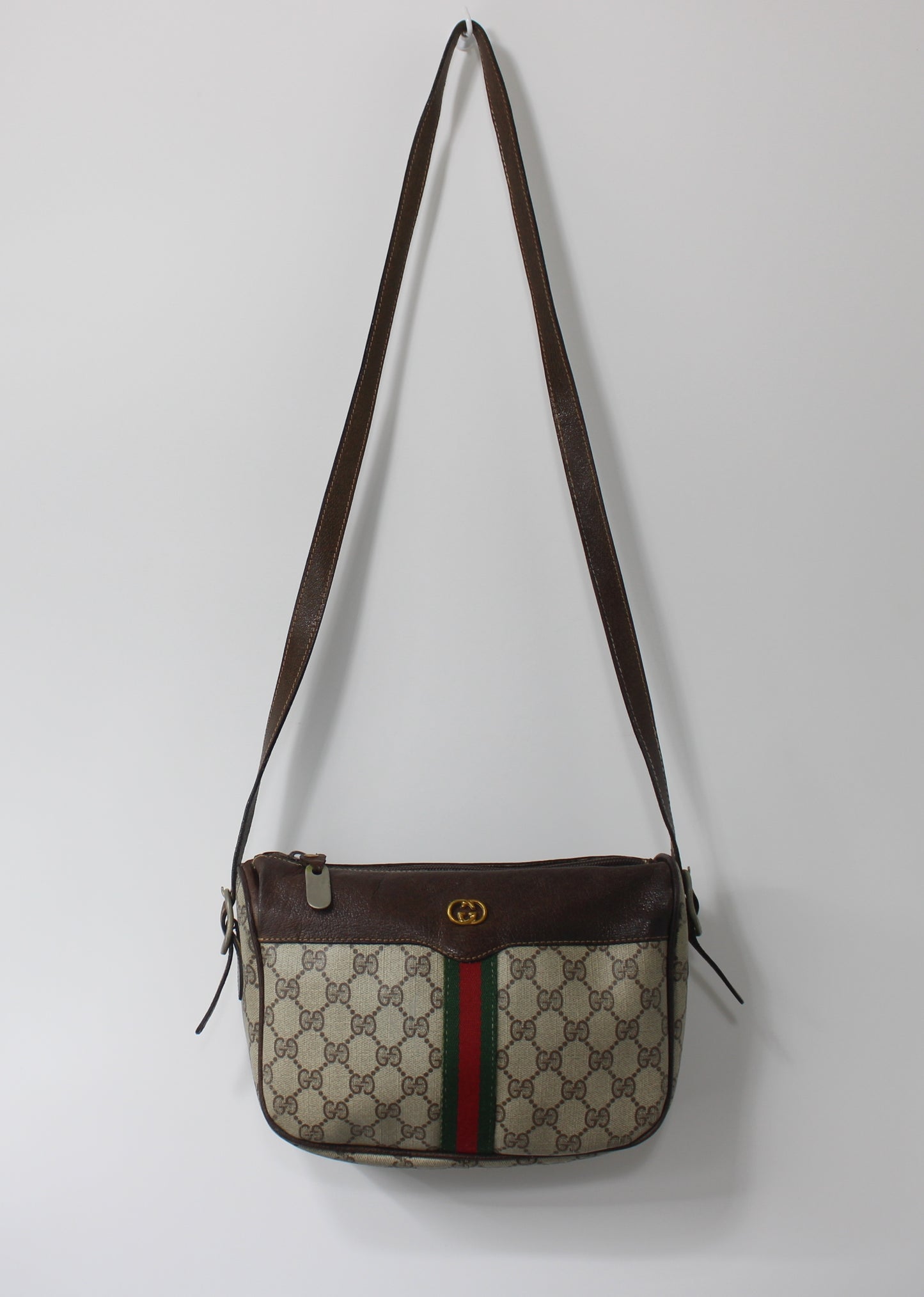 Gucci Brown Leather Trim GG Supreme Canvas Crossbody Bag