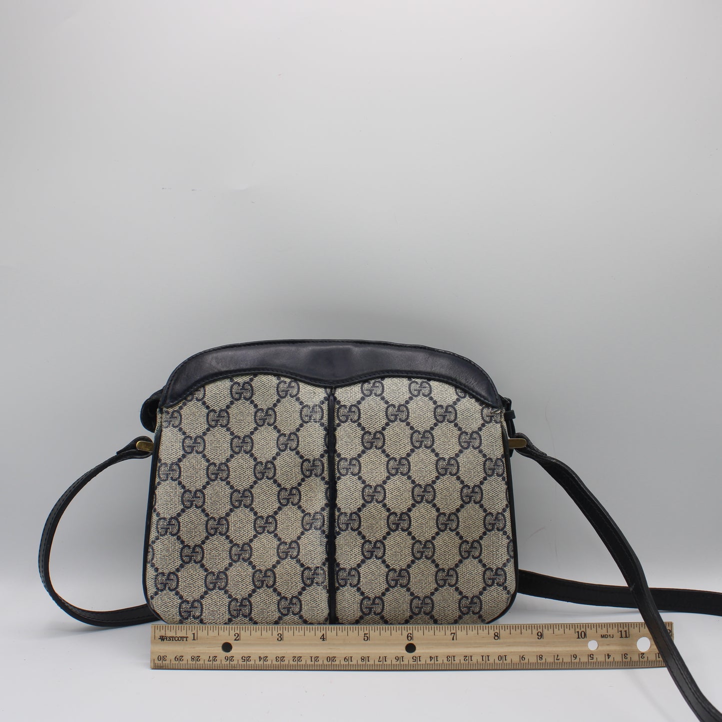 Gucci Beige And Navy GG Canvas Leather Trim Crossbody Bag