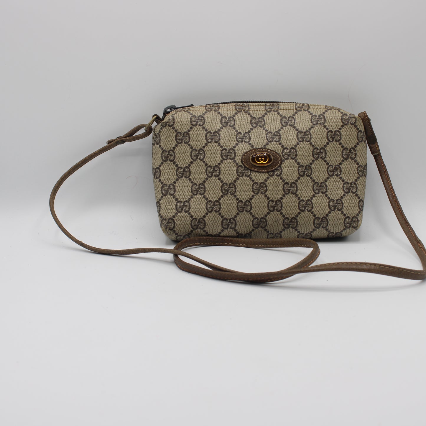 Gucci Beige Brown GG Supreme Canvas Leather Crossbody Bag