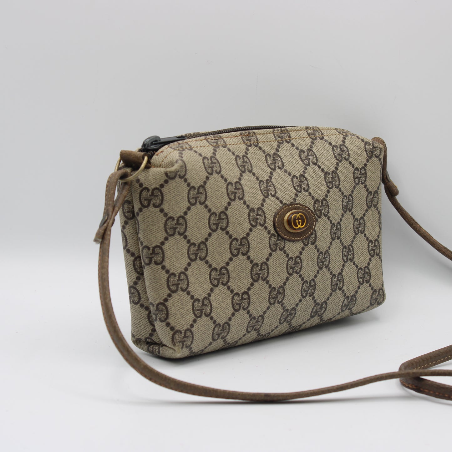 Gucci Beige Brown GG Supreme Canvas Leather Crossbody Bag