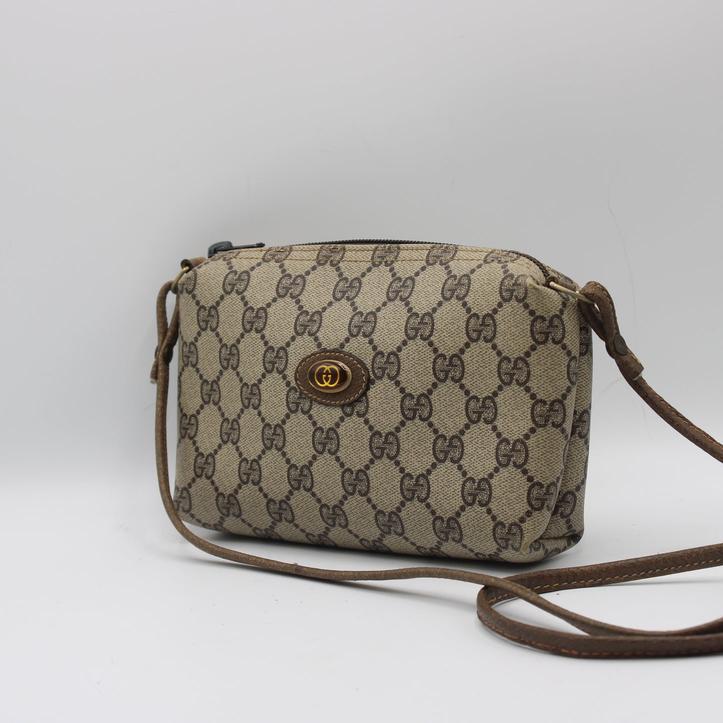 Gucci Beige Brown GG Supreme Canvas Leather Crossbody Bag
