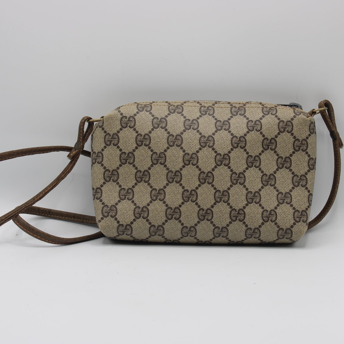 Gucci Beige Brown GG Supreme Canvas Leather Crossbody Bag