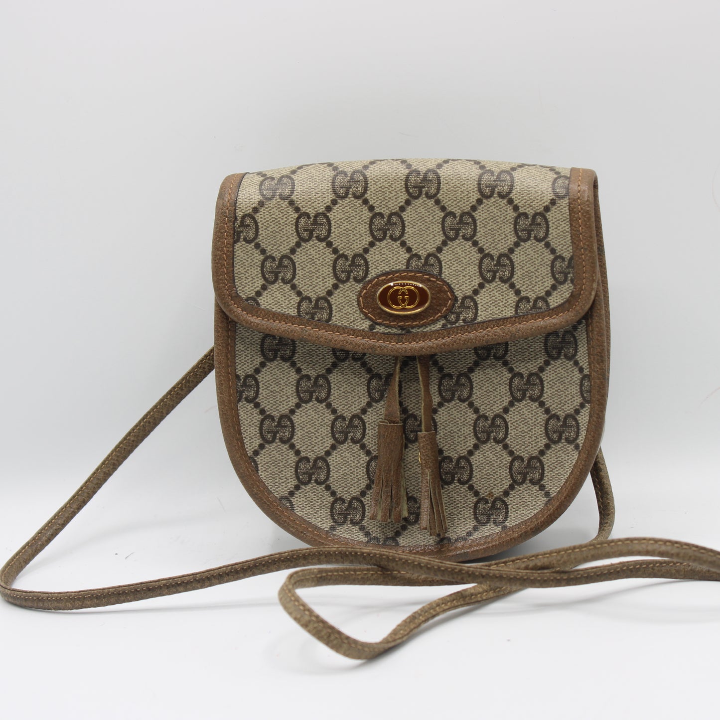 Gucci Beige Brown Monogram Mini Crossbody Bag With Tassel