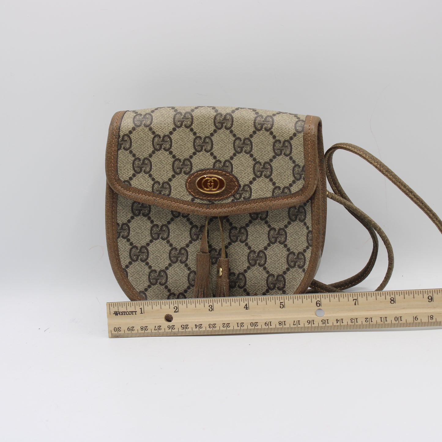 Gucci Beige Brown Monogram Mini Crossbody Bag With Tassel