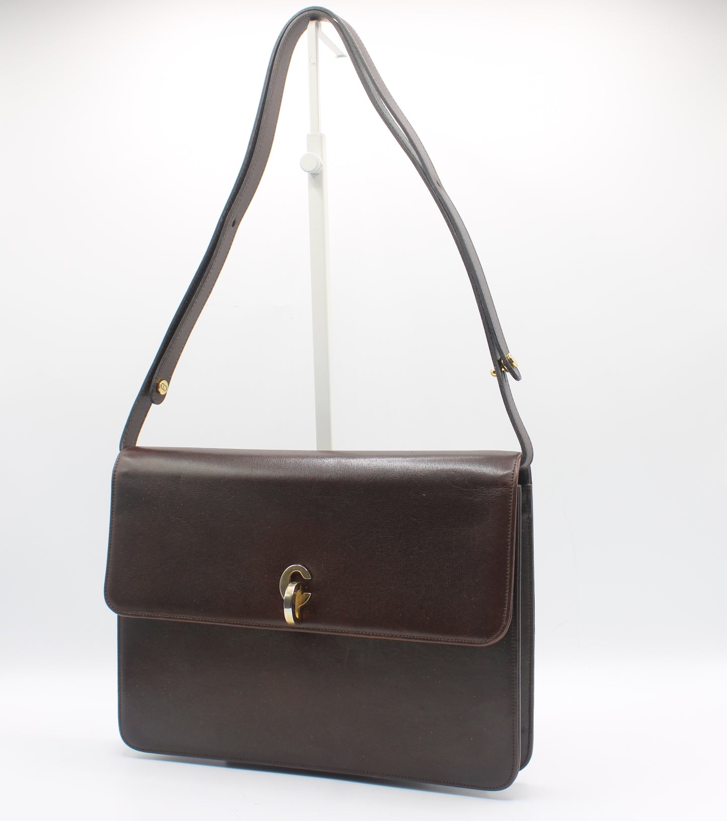 Christian Dior Brown Leather Flap Shoulder Bag With Gold Clasp Closure