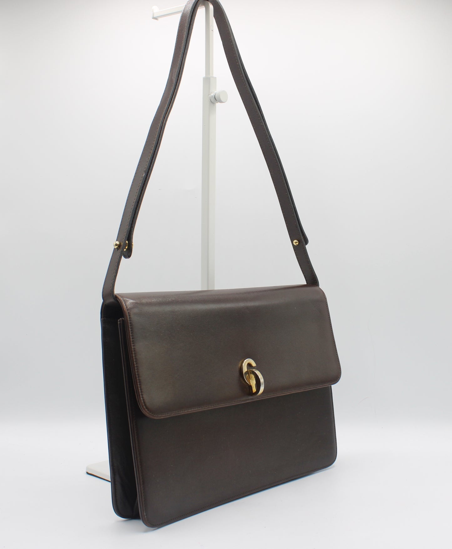 Christian Dior Brown Leather Flap Shoulder Bag With Gold Clasp Closure