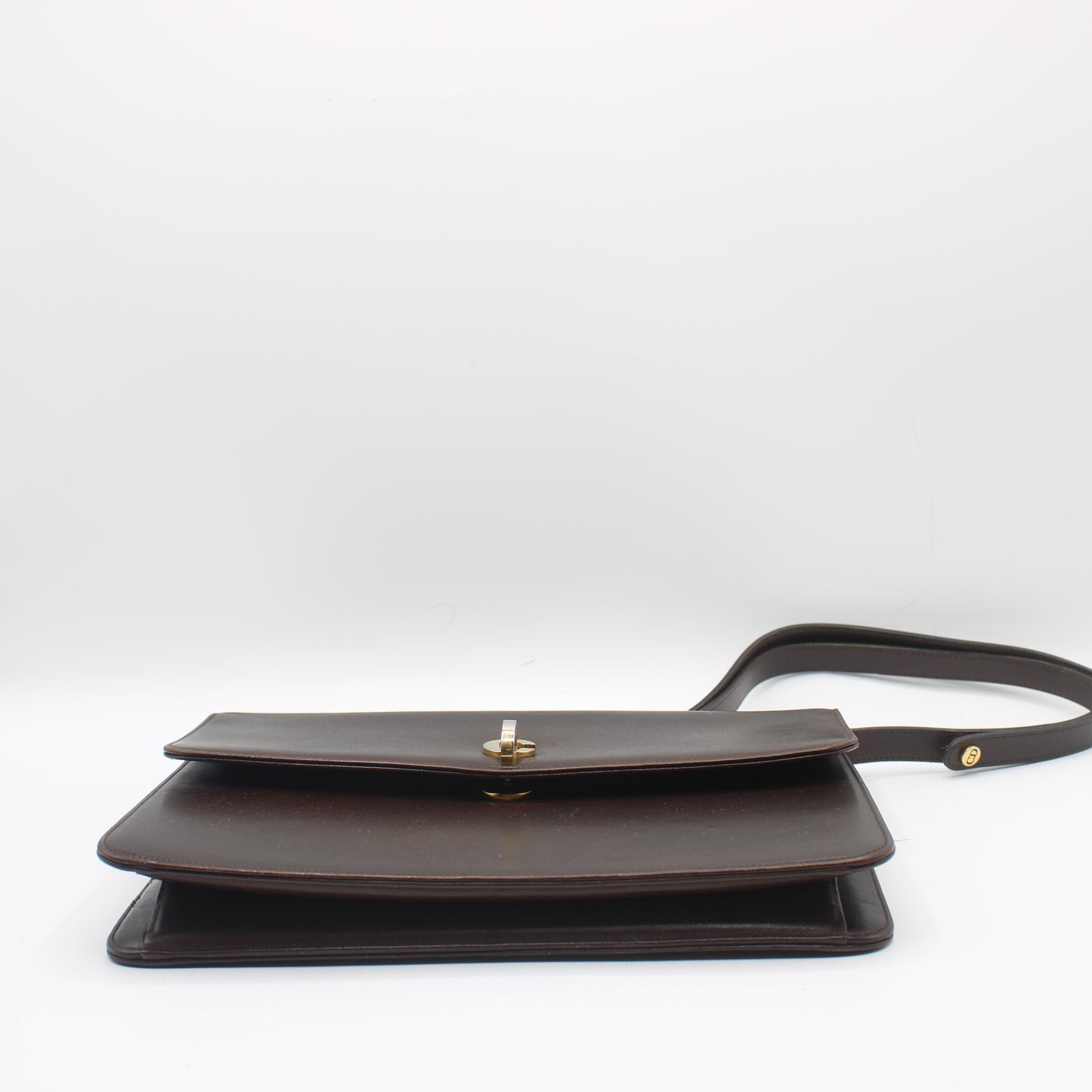 Christian Dior Brown Leather Flap Shoulder Bag With Gold Clasp Closure