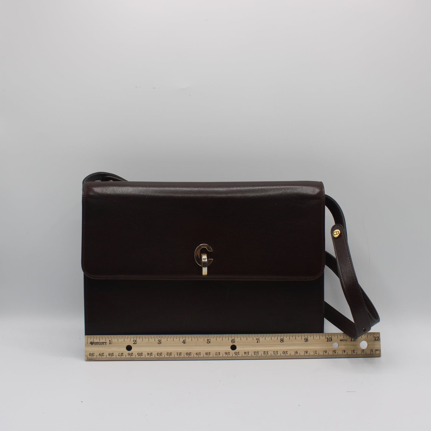 Christian Dior Brown Leather Flap Shoulder Bag With Gold Clasp Closure