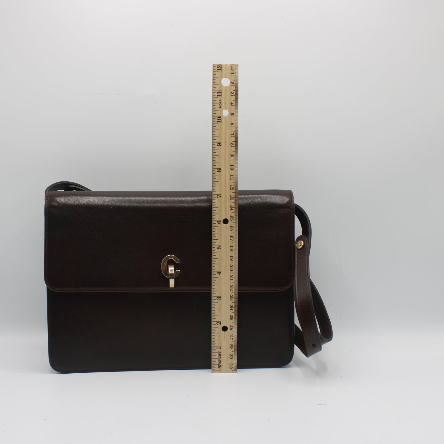 Christian Dior Brown Leather Flap Shoulder Bag With Gold Clasp Closure