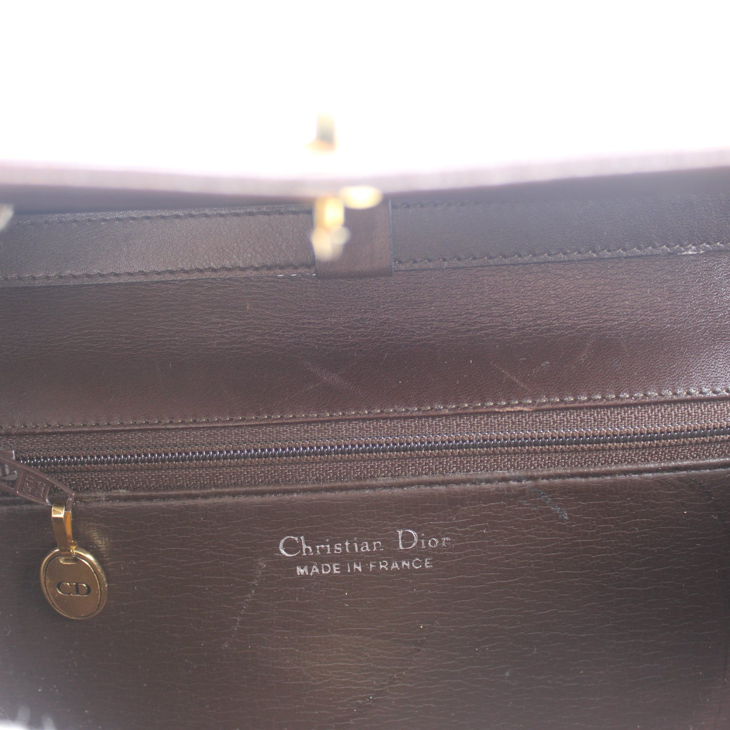 Christian Dior Brown Leather Flap Shoulder Bag With Gold Clasp Closure