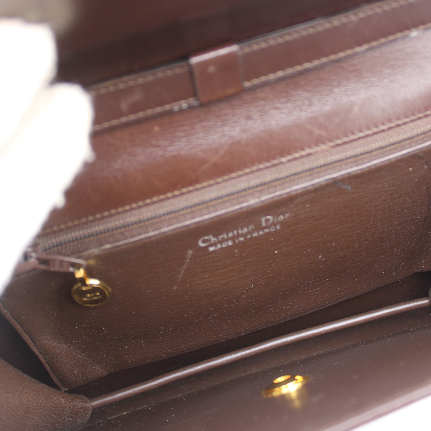 Christian Dior Brown Leather Flap Shoulder Bag With Gold Clasp Closure