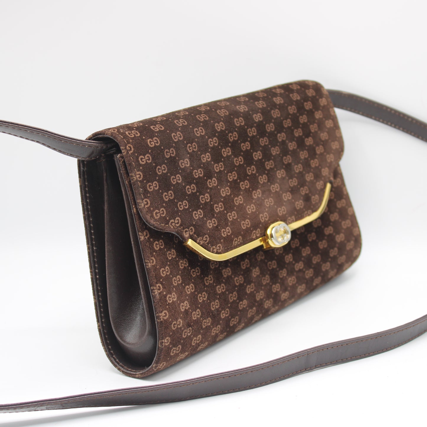Gucci Brown Suede Micro GG Monogram Leather Flap Crossbody Bag