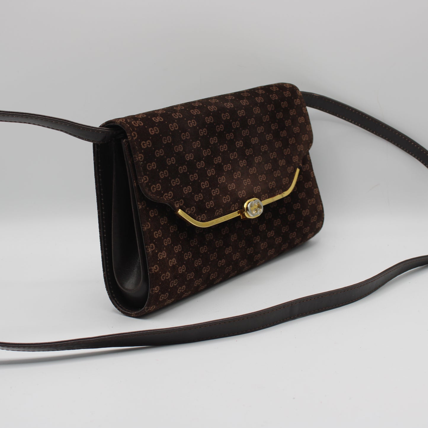 Gucci Brown Suede Micro GG Monogram Leather Flap Crossbody Bag