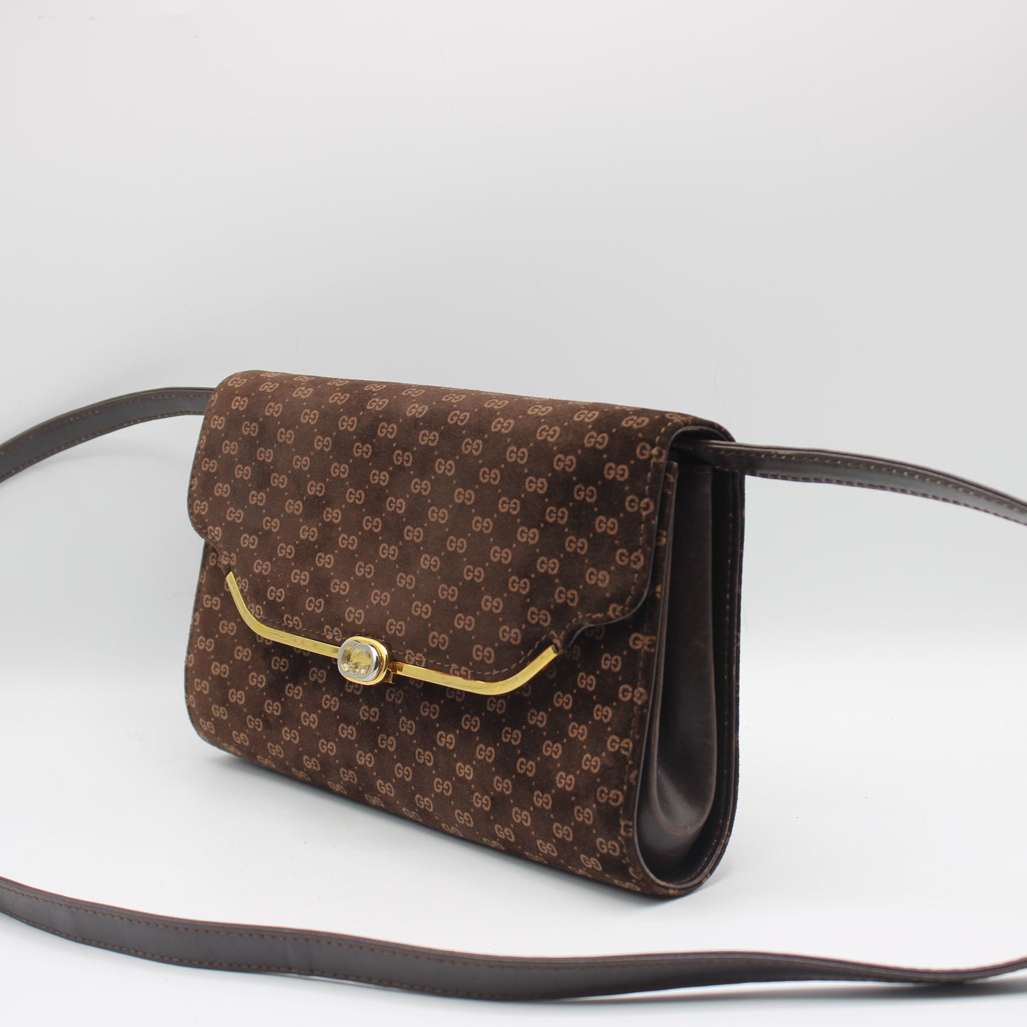 Gucci Brown Suede Micro GG Monogram Leather Flap Crossbody Bag