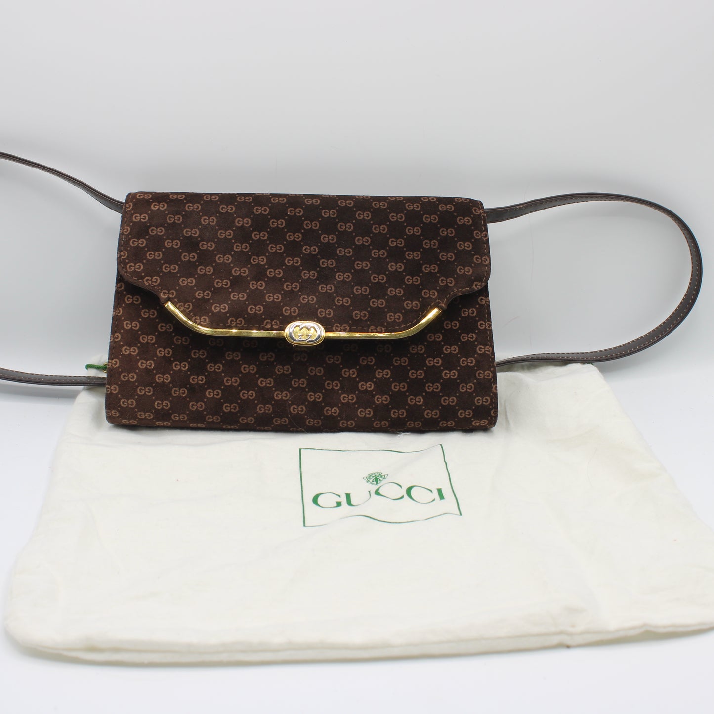Gucci Brown Suede Micro GG Monogram Leather Flap Crossbody Bag