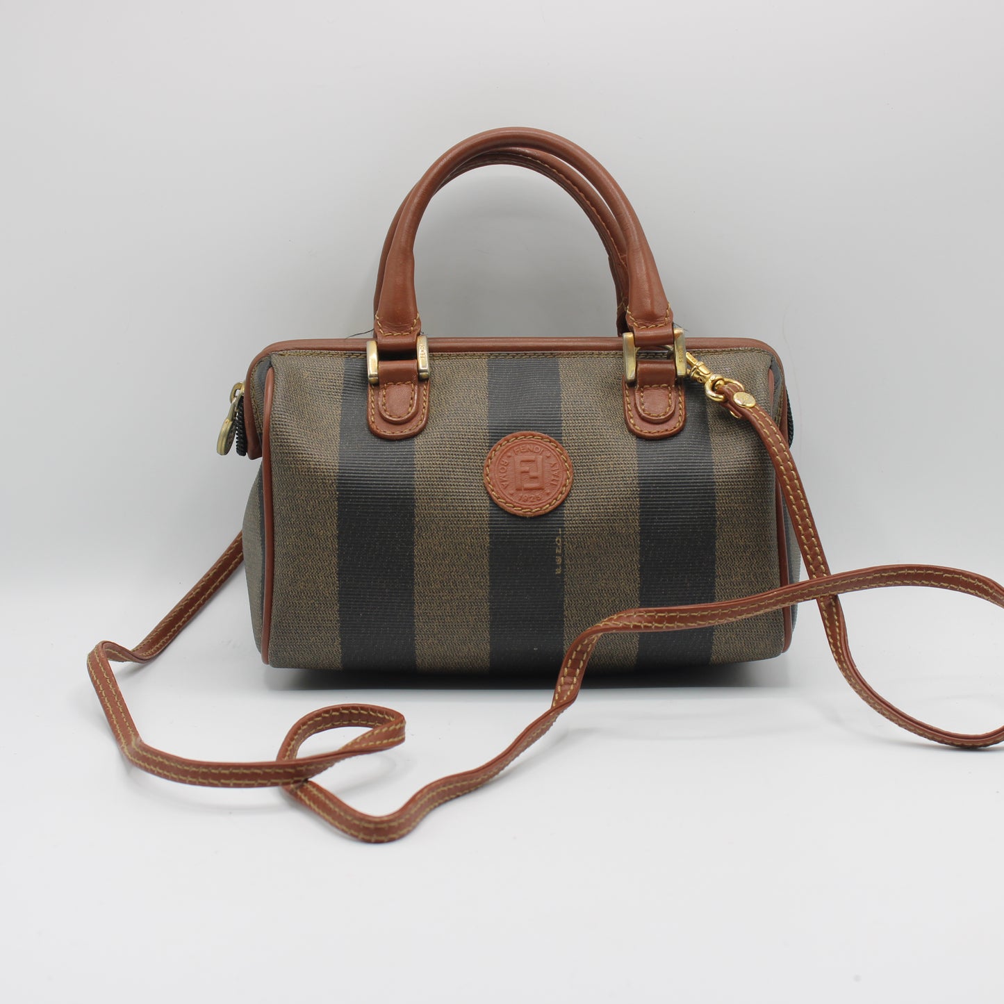 Fendi Brown Canvas Pequin Stripe Leather Mini Boston Crossbody Bag