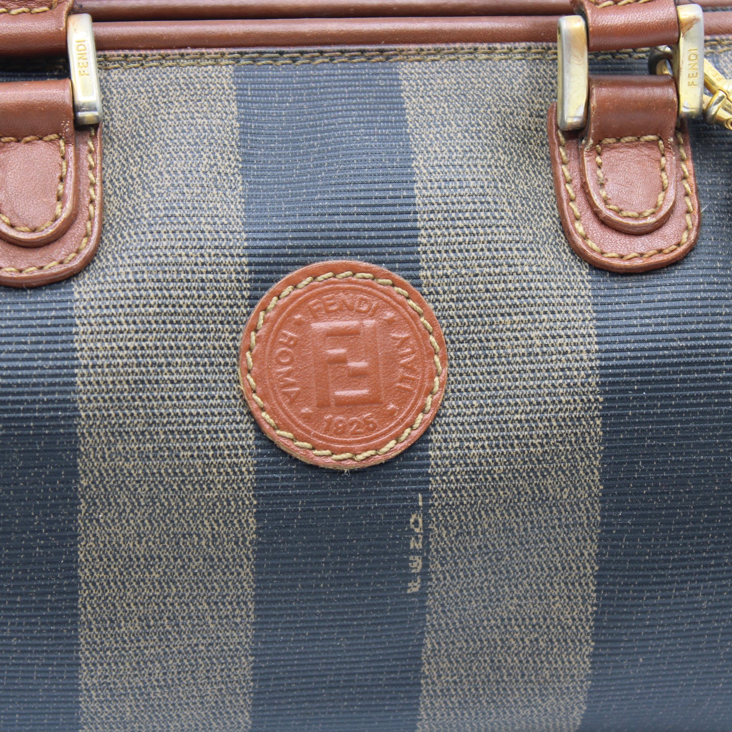 Fendi Brown Canvas Pequin Stripe Leather Mini Boston Crossbody Bag