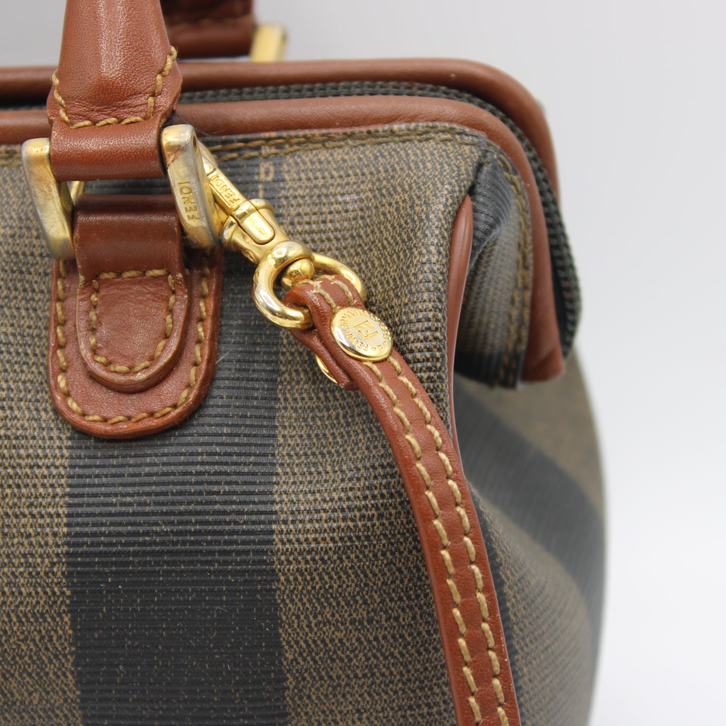 Fendi Brown Canvas Pequin Stripe Leather Mini Boston Crossbody Bag