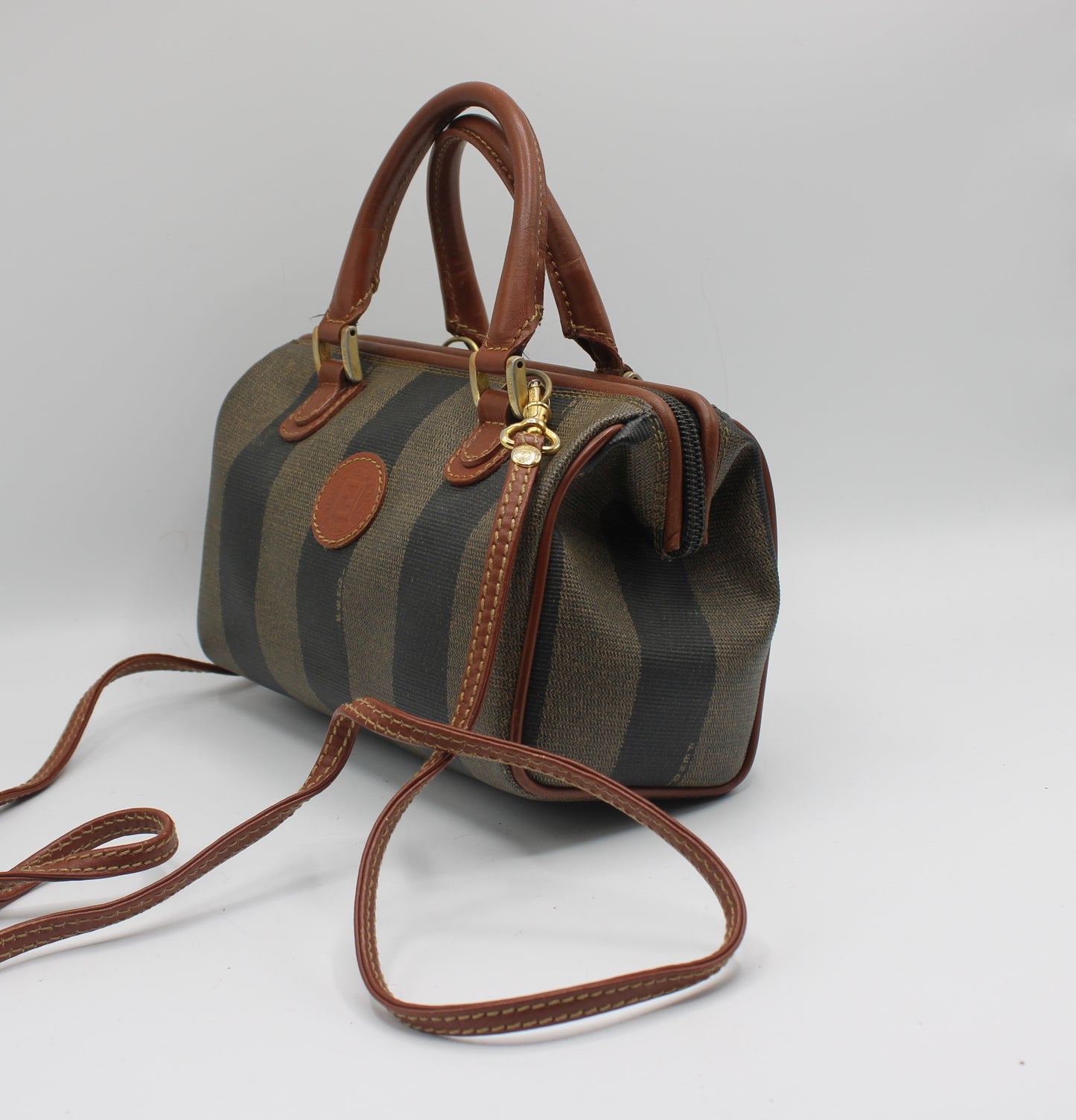 Fendi Brown Canvas Pequin Stripe Leather Mini Boston Crossbody Bag