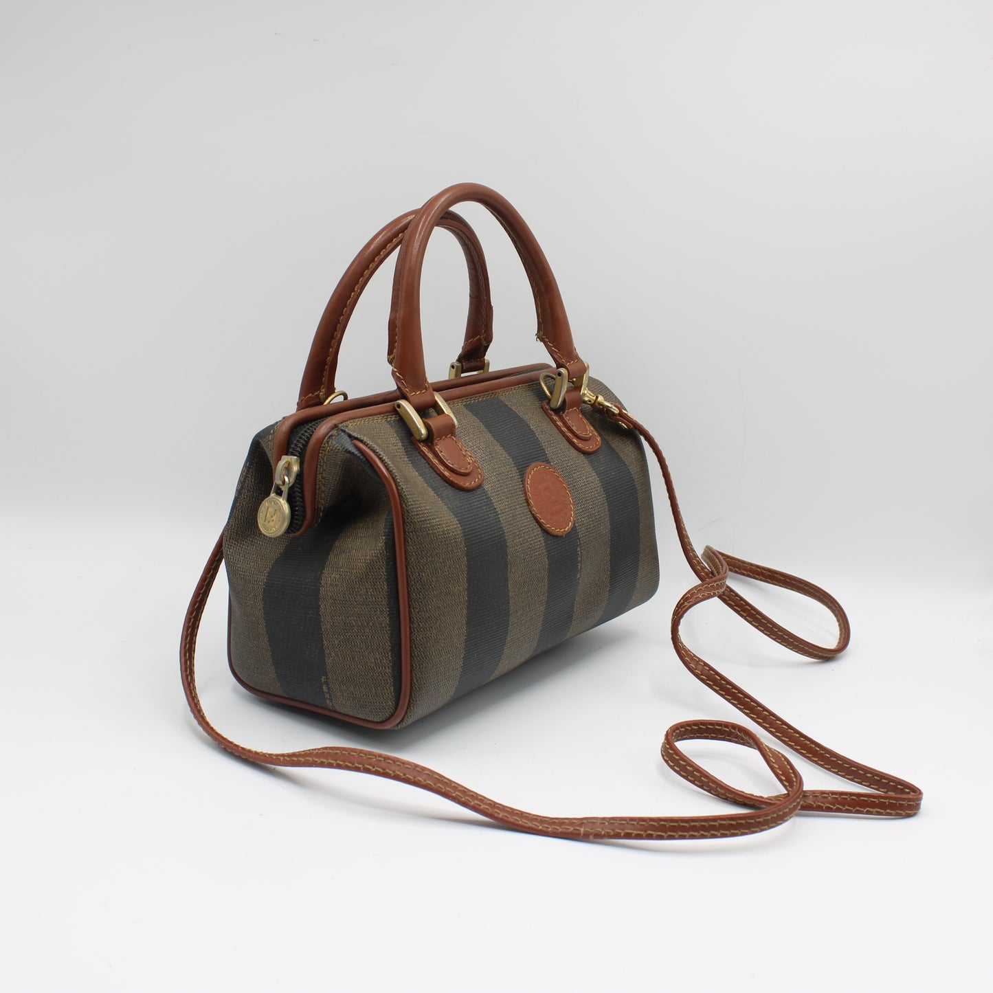 Fendi Brown Canvas Pequin Stripe Leather Mini Boston Crossbody Bag