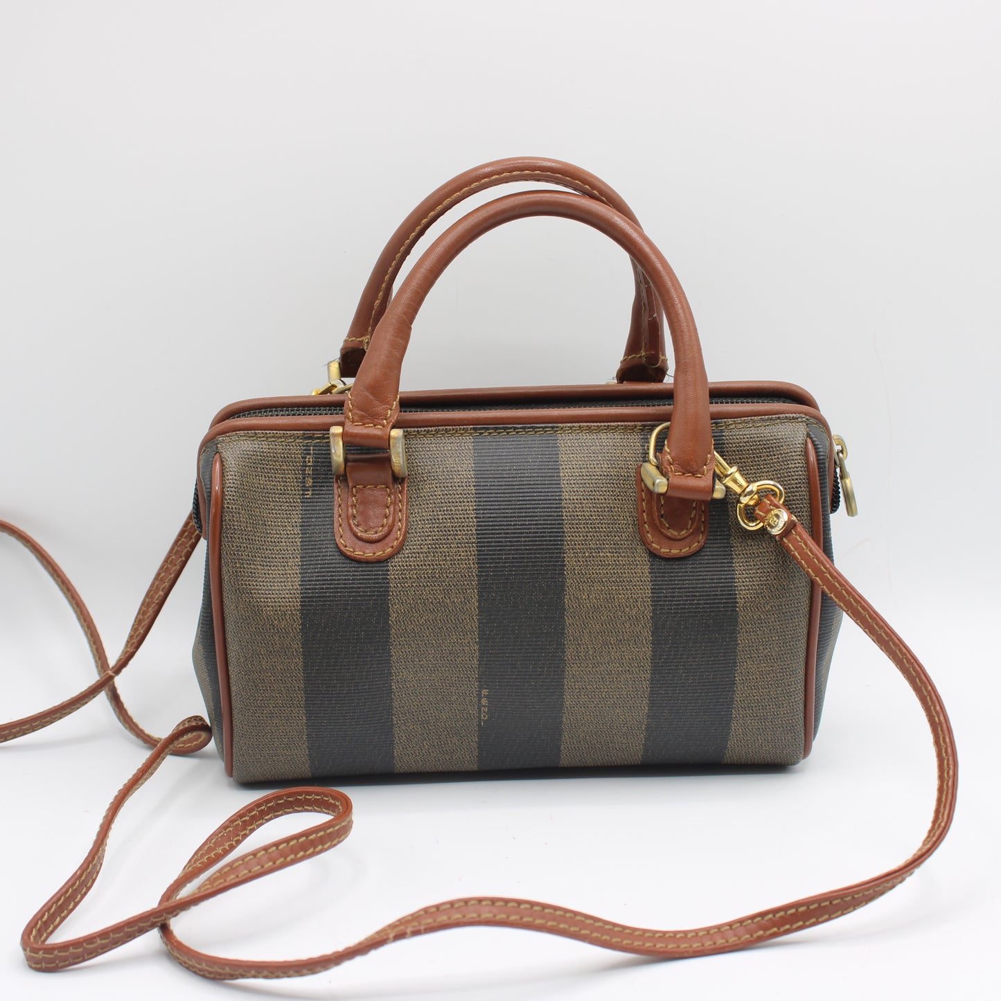 Fendi Brown Canvas Pequin Stripe Leather Mini Boston Crossbody Bag