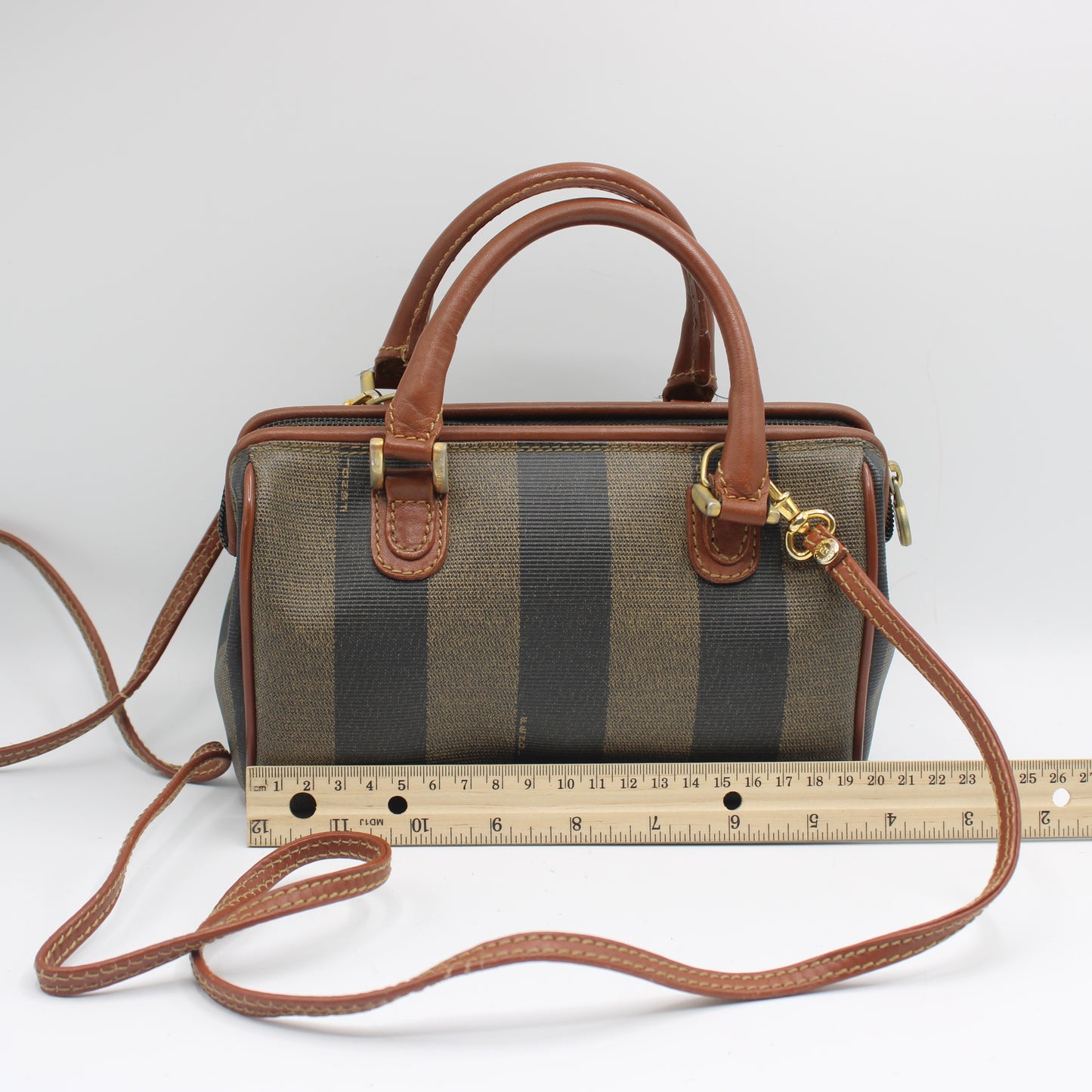 Fendi Brown Canvas Pequin Stripe Leather Mini Boston Crossbody Bag