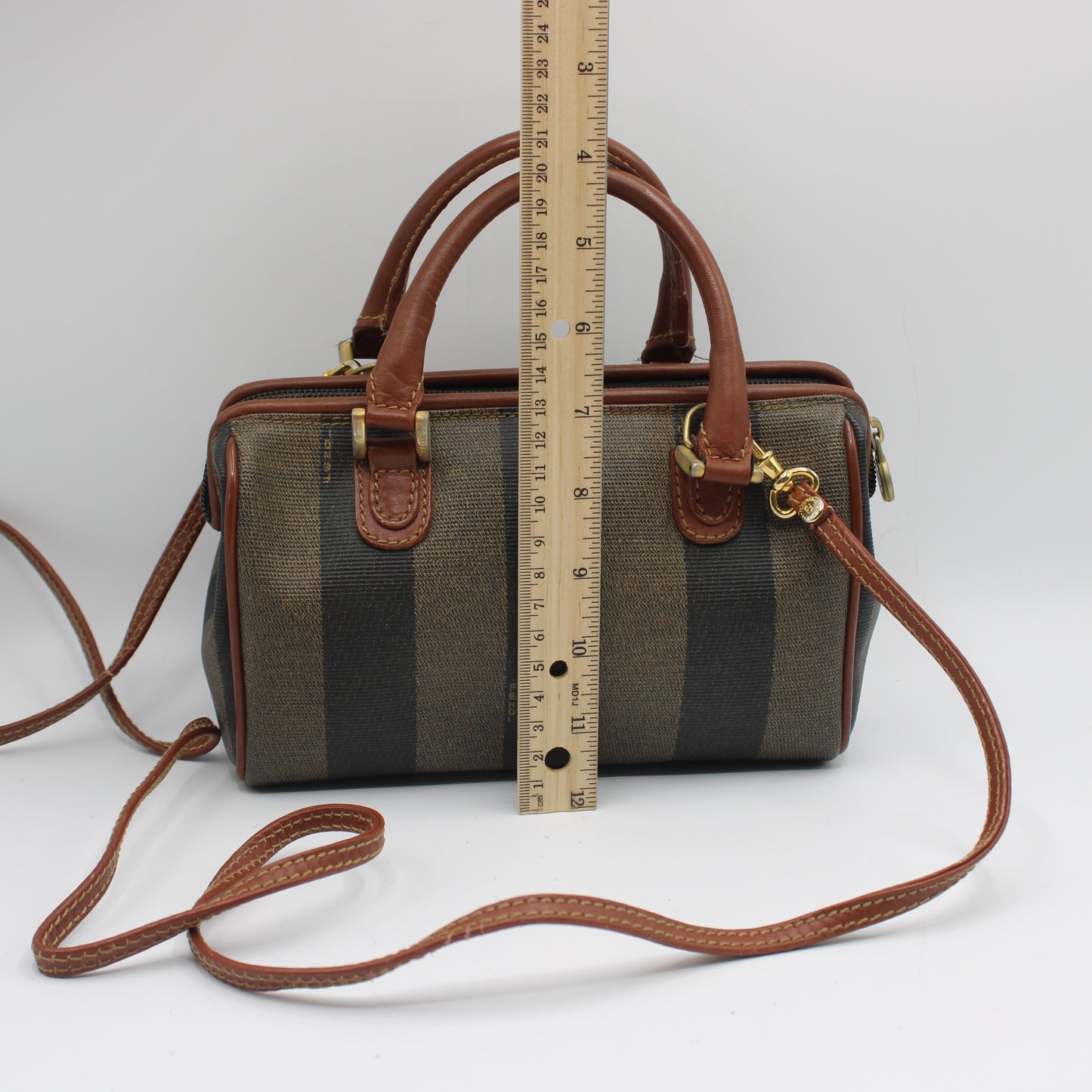Fendi Brown Canvas Pequin Stripe Leather Mini Boston Crossbody Bag