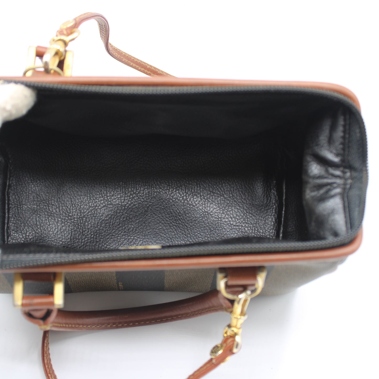 Fendi Brown Canvas Pequin Stripe Leather Mini Boston Crossbody Bag