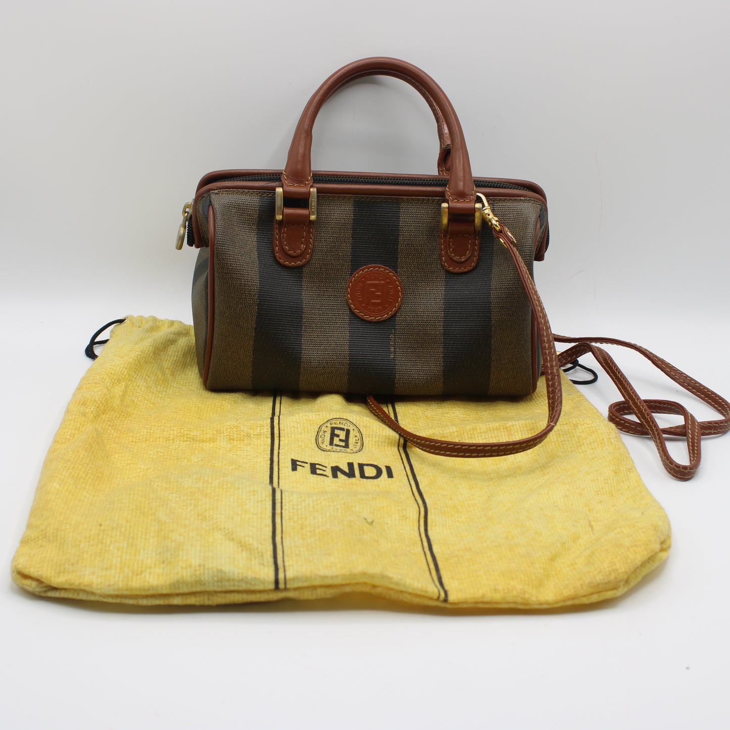 Fendi Brown Canvas Pequin Stripe Leather Mini Boston Crossbody Bag