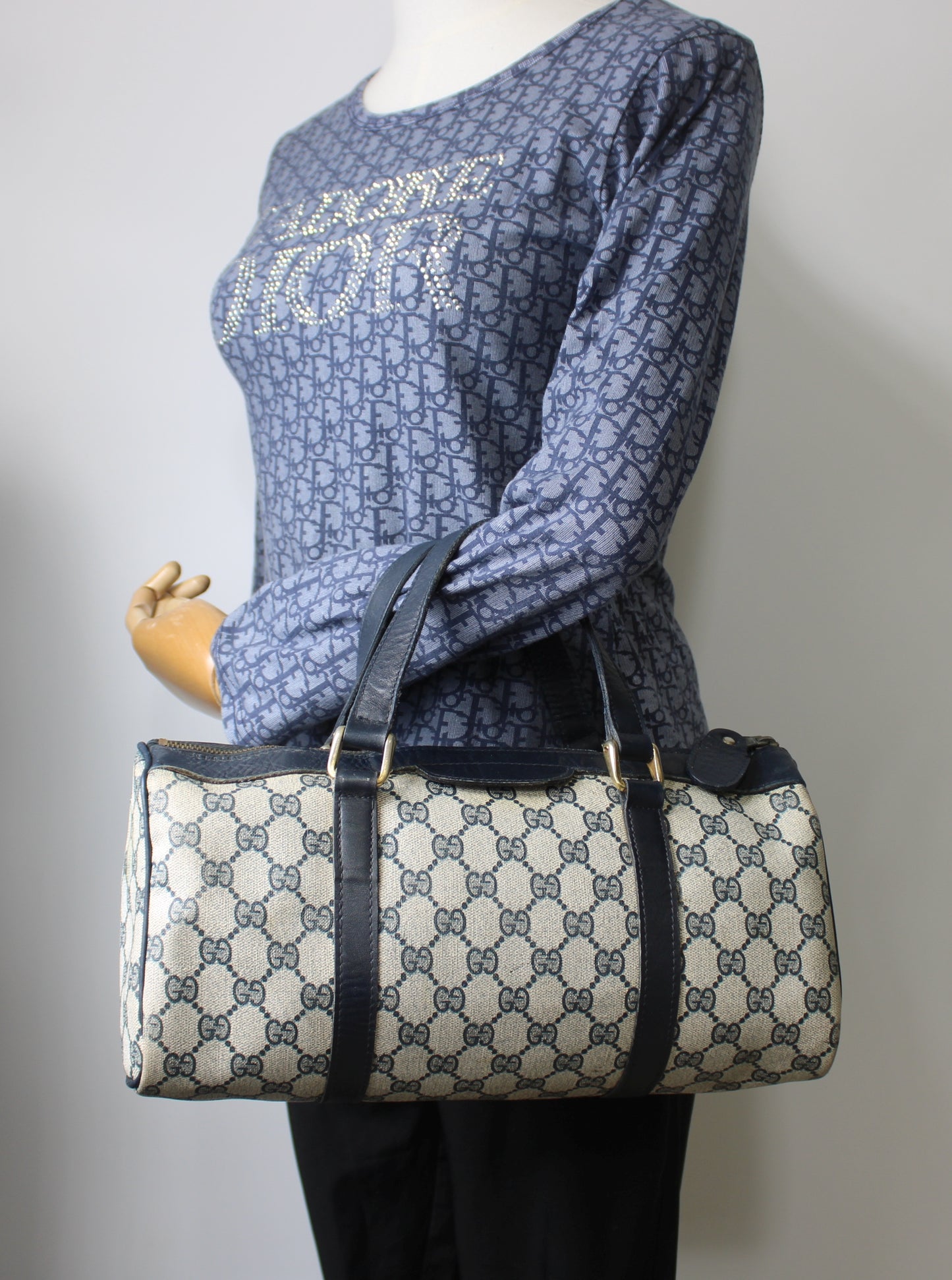 Gucci Blue GG Canvas And Navy Leather Mini Boston Bag