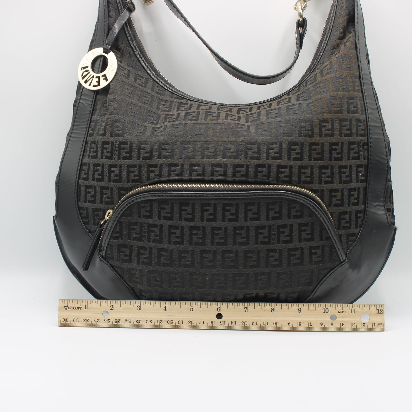 Fendi Black Zucca Canvas Leather Trim Hobo Bag With Charm