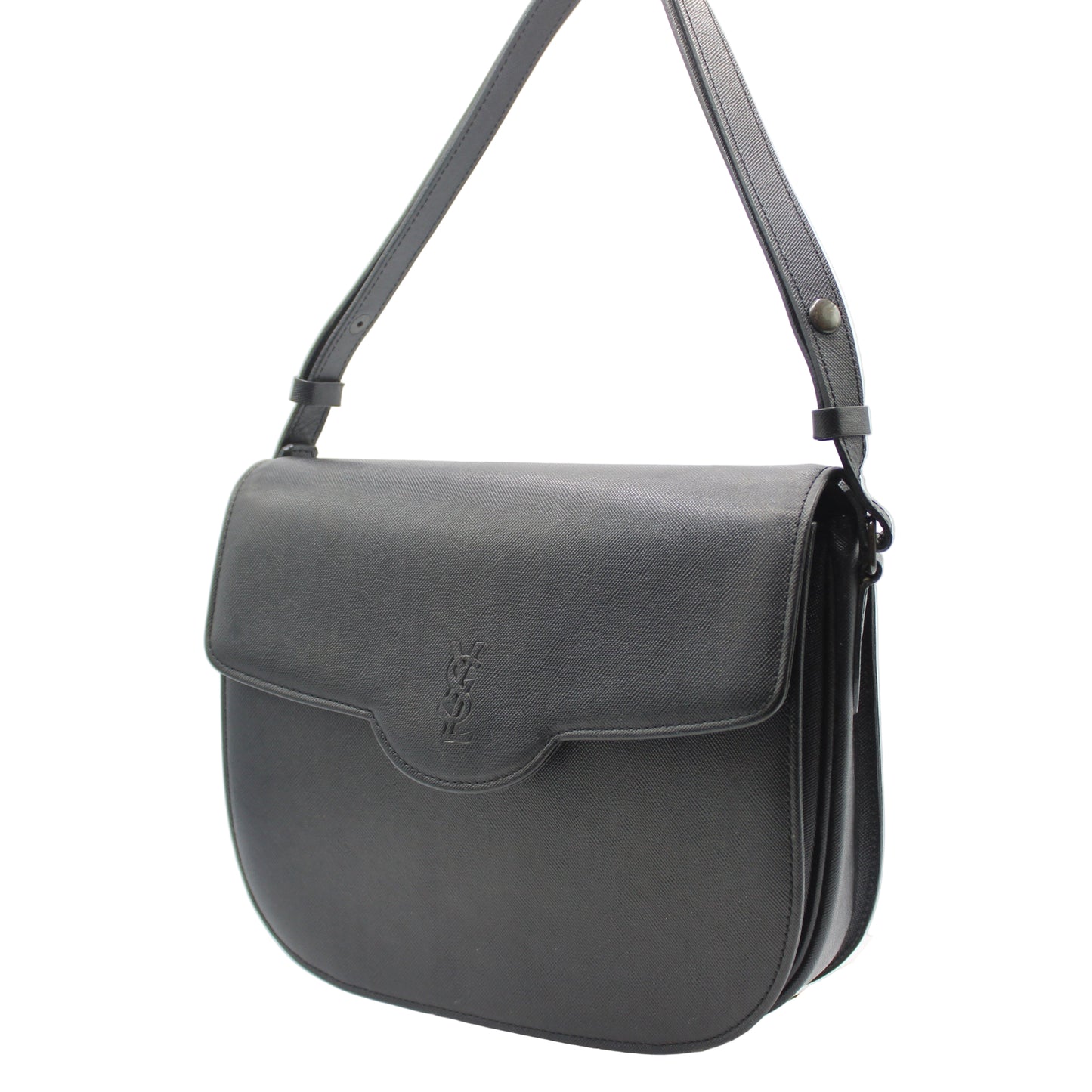 black YSL  leather handbag with a strap on a white background