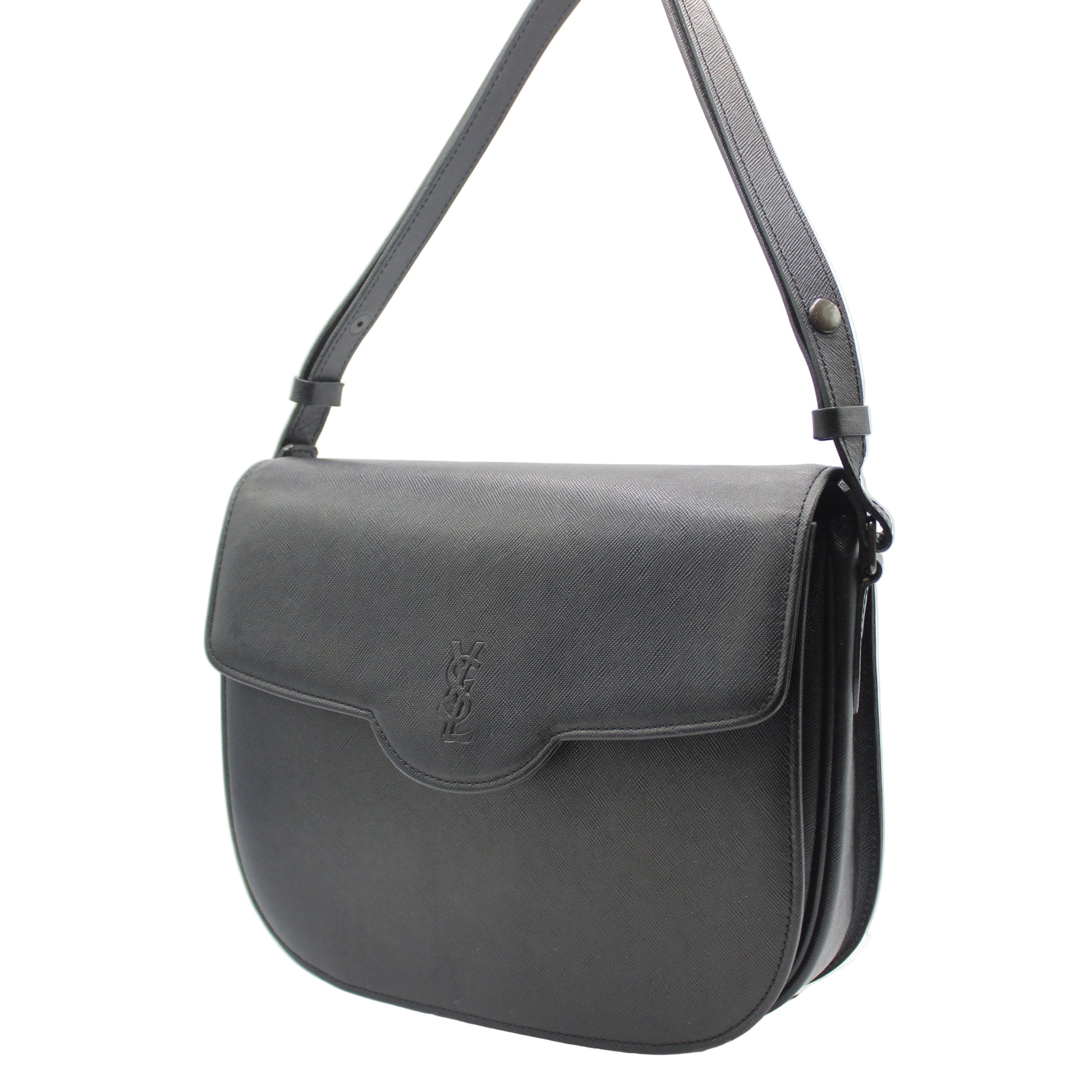 black YSL  leather handbag with a strap on a white background