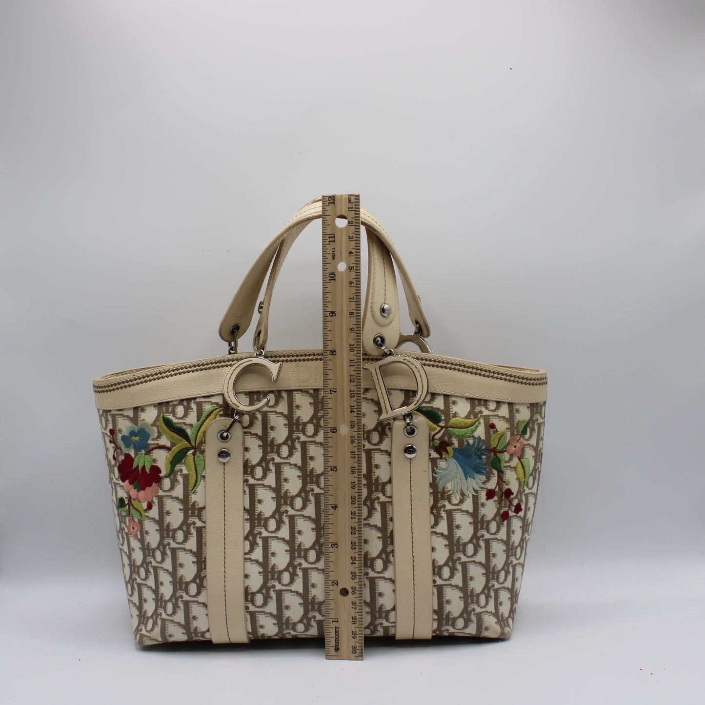 Christian Dior Beige Canvas Embroidered Oblique Floral Tote Bag