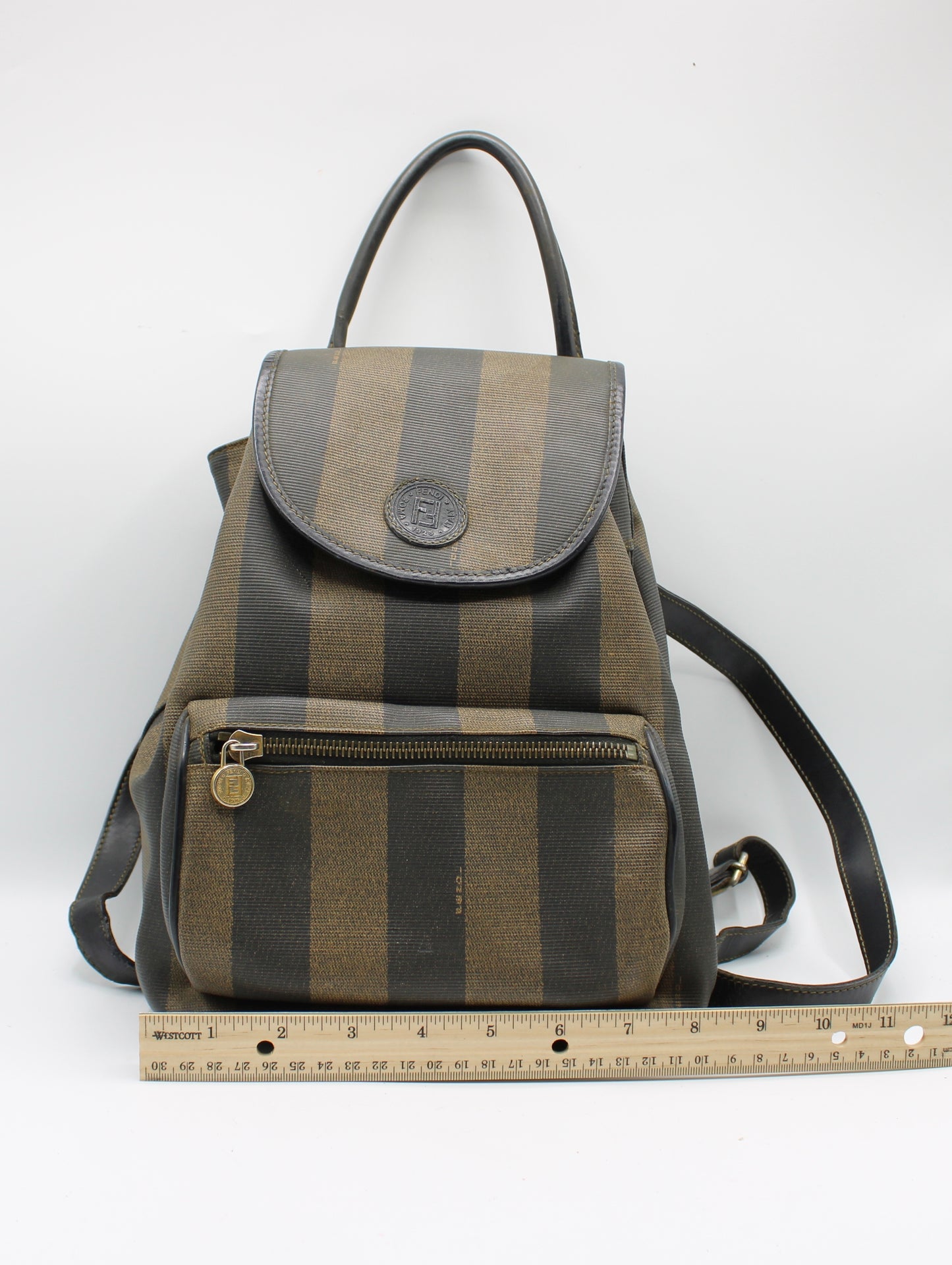 Fendi Brown And Black Pequin Stripe Canvas Leather Backpack