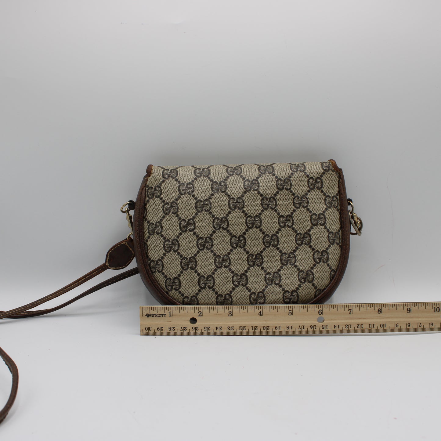 Gucci Beige GG Canvas Brown Leather Flap Crossbody Bag