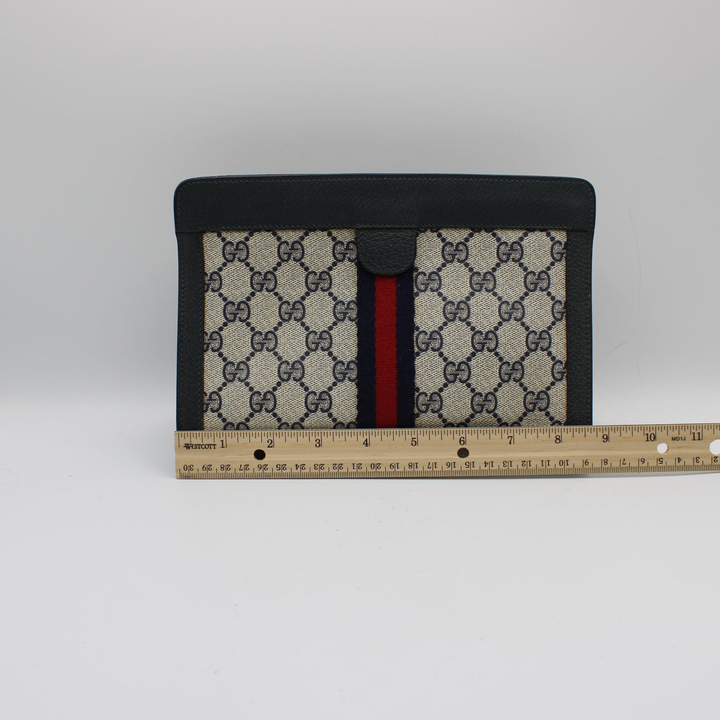 Gucci Navy Leather Monogram Sherry Line Clutch