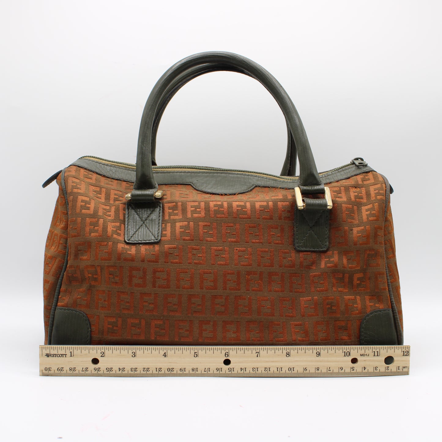 Fendi Orange Zucca Canvas Leather Boston Bag